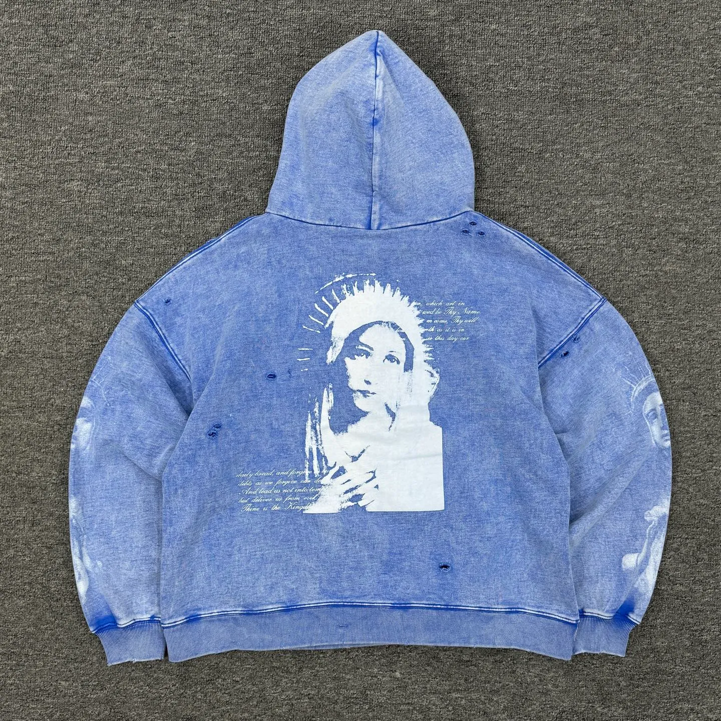 P288 # CHE-08 Saint Maria Limited Loose Portrait Washed Distressed Hooded Sweatshirt Customized heavyweight pure cotton fabric Thermoset ink printing Multi-position manual destruction process Assute yeast mill wash water natural fading effect Size: S M L XL